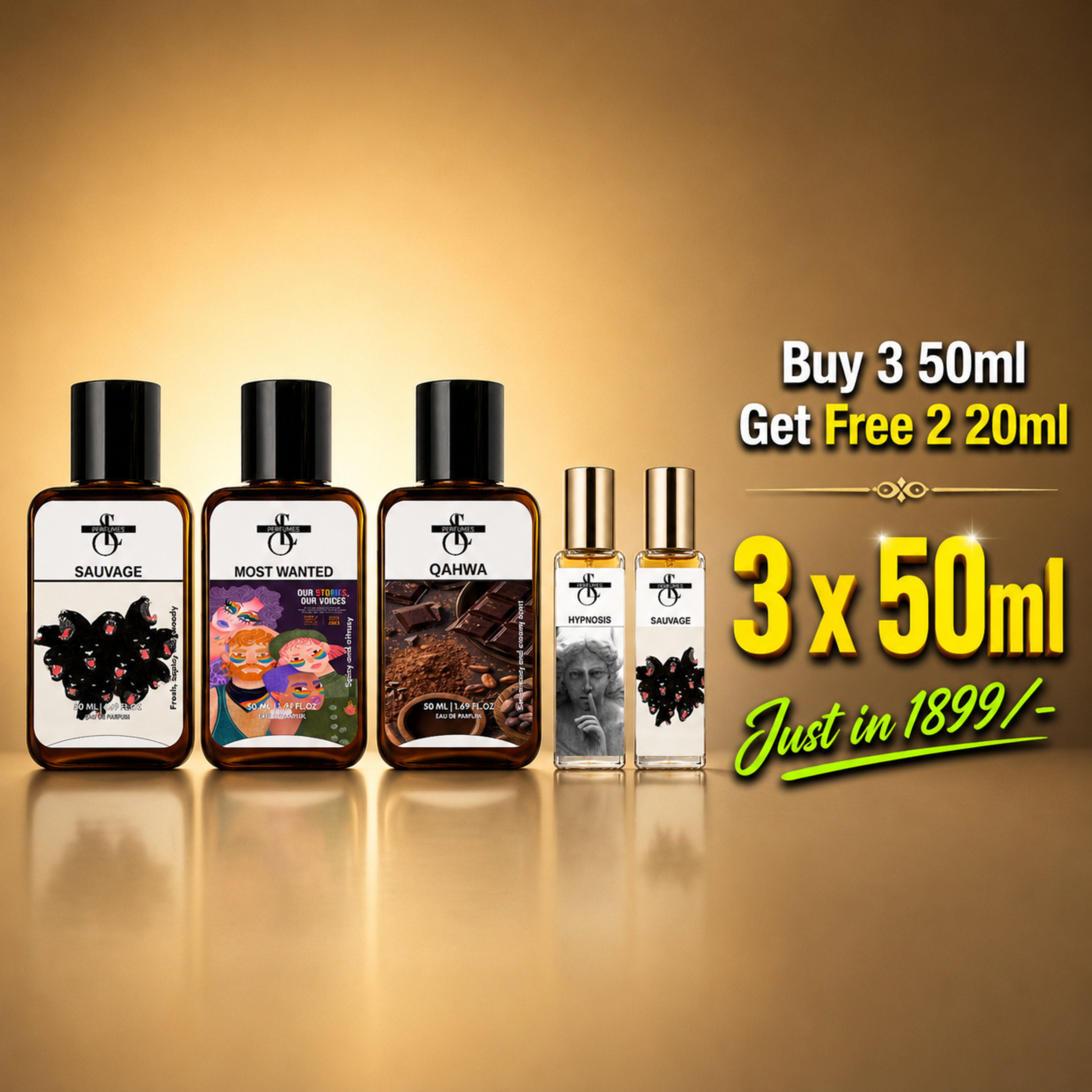Buy 3 × 50ml Perfumes & Get 2 Free 20ml Perfumes | Premium Fragrance Combo Pack